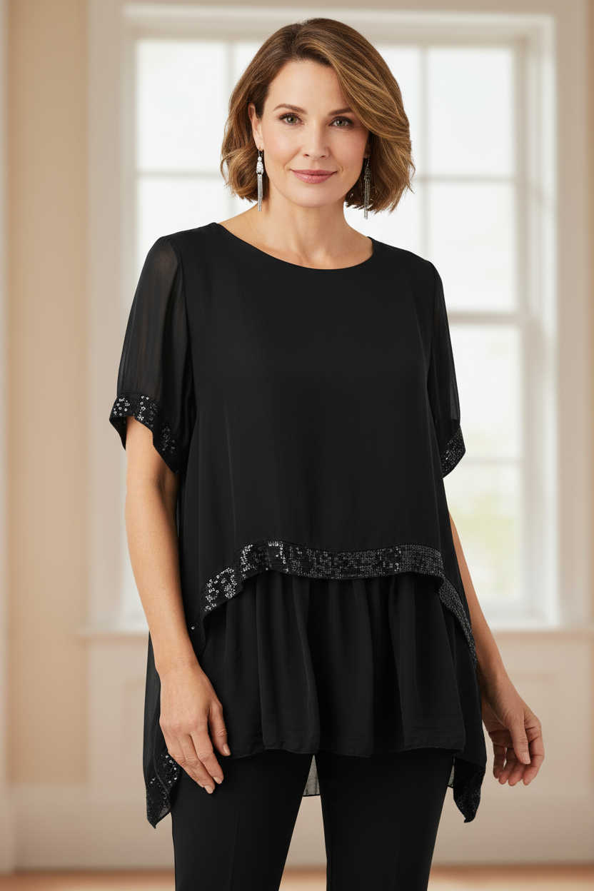 Sequin Trim Layered Hem Silk Blouse