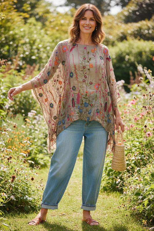 Floral Embroidery Silk Blouse