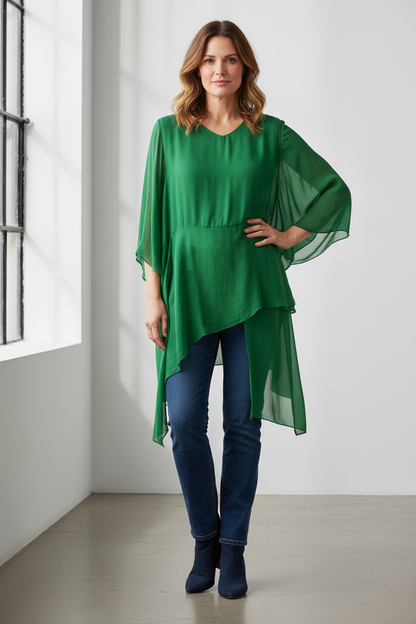 V Neck Asymmetric Silk Top