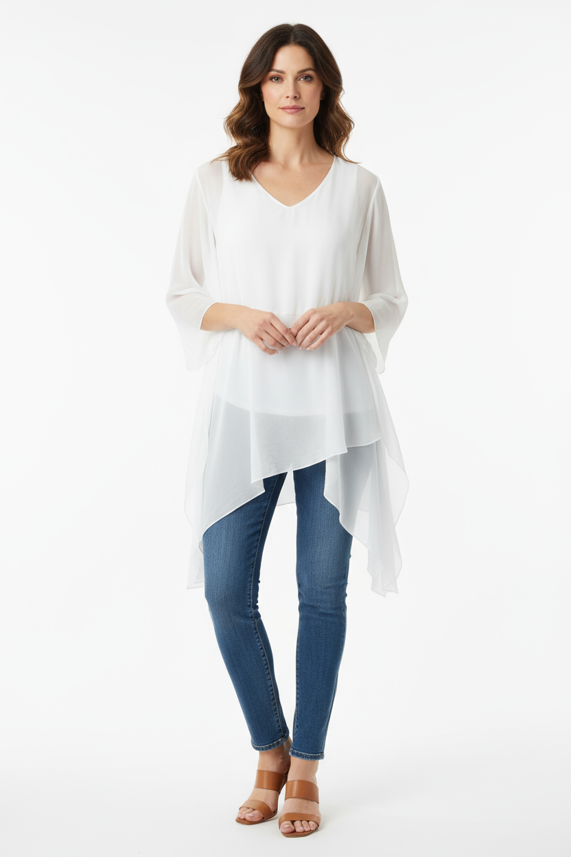 V Neck Asymmetric Silk Top