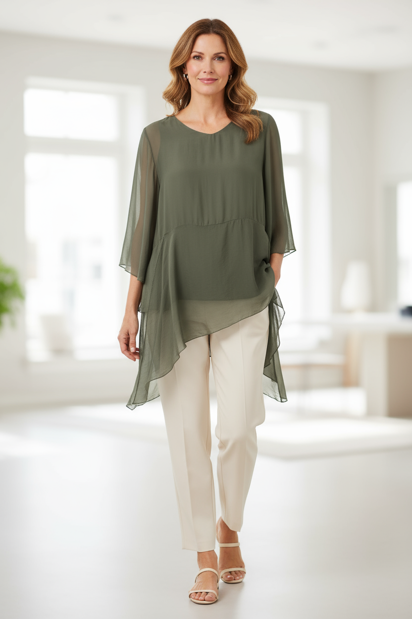 V Neck Asymmetric Silk Top
