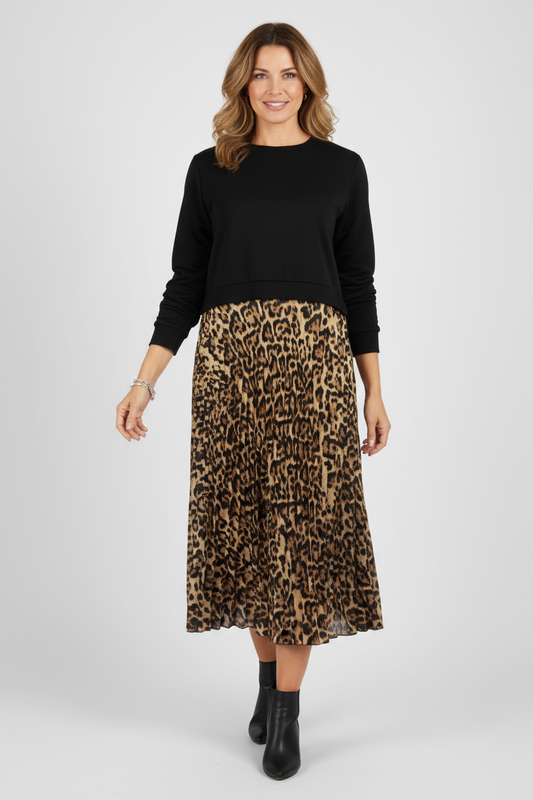 Leopard Print Pleated Satin Midi