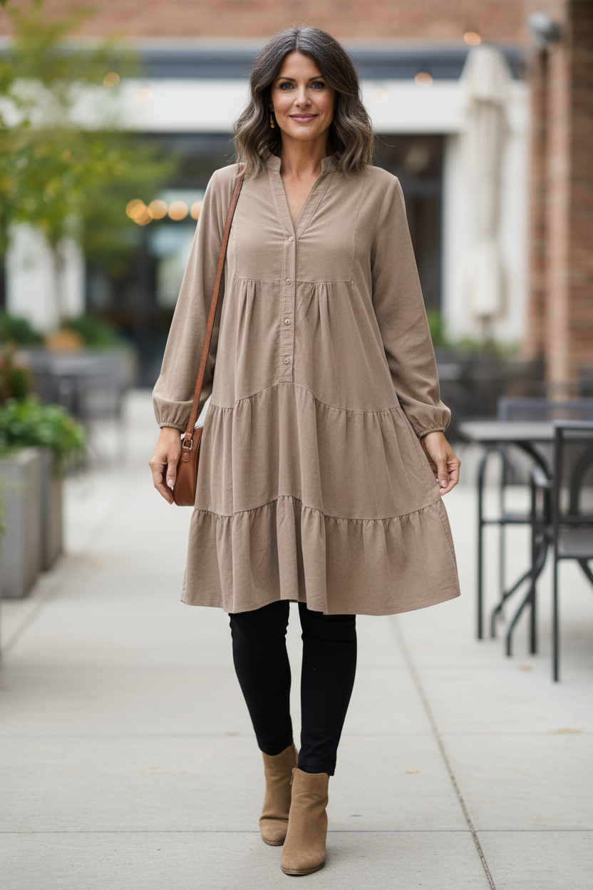 V Neck Corduroy Swing Dress