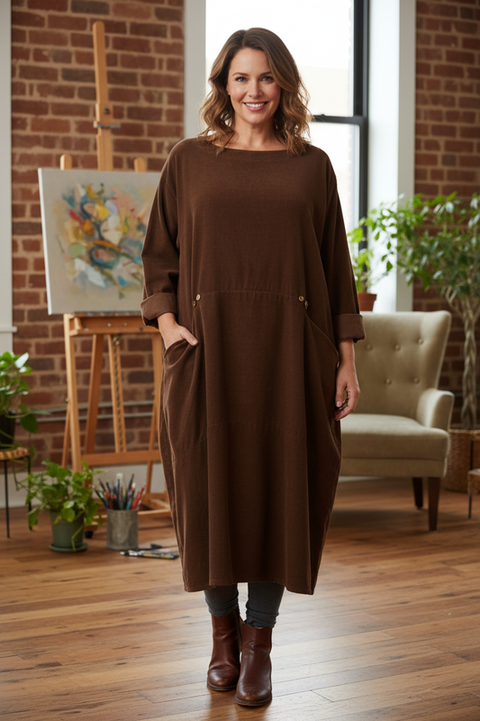 2 Pocket Button Detail Corduroy Midi