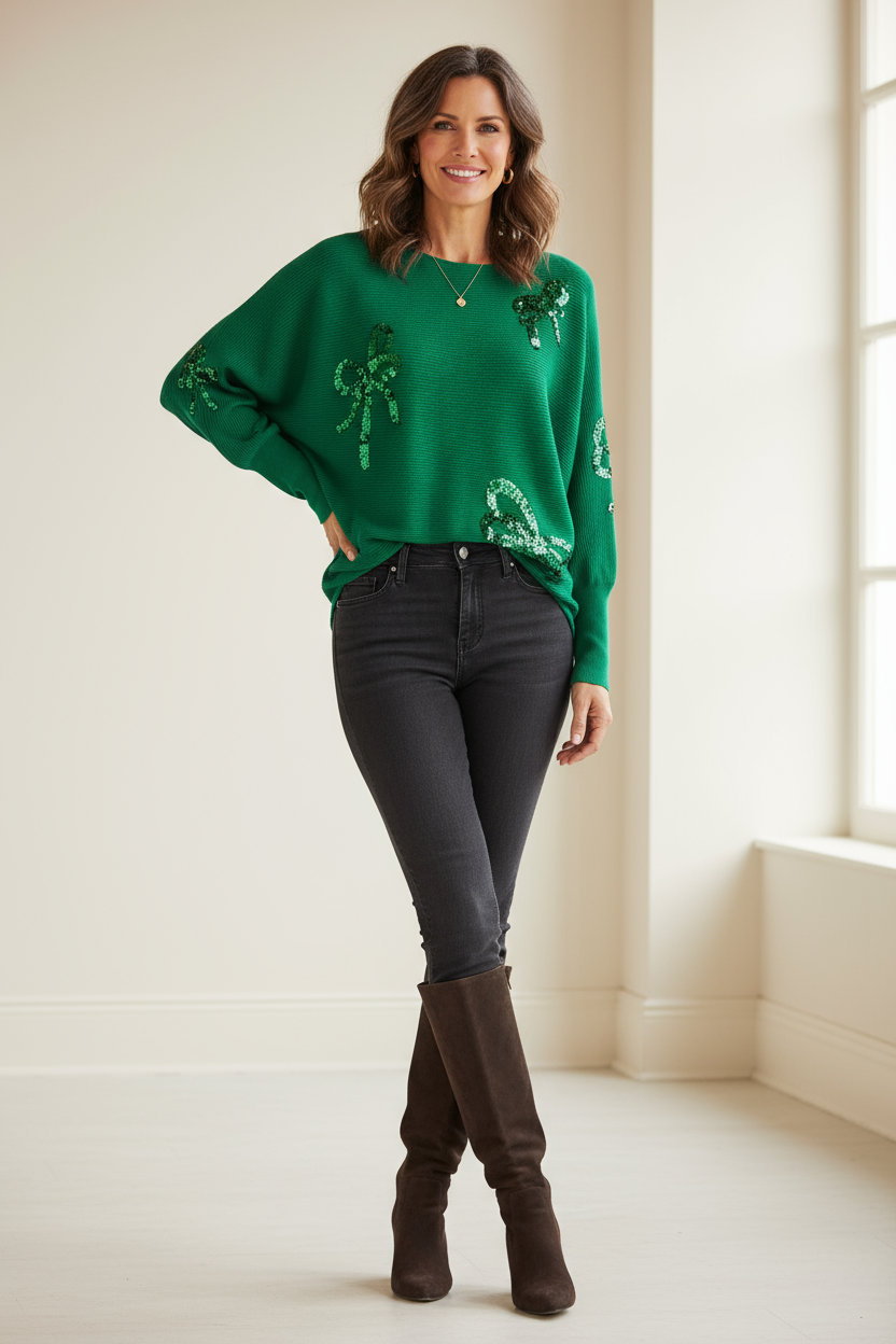 Sequin Bows Ribbed Knit Jumper