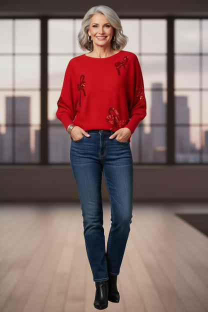 Sequin Bows Ribbed Knit Jumper