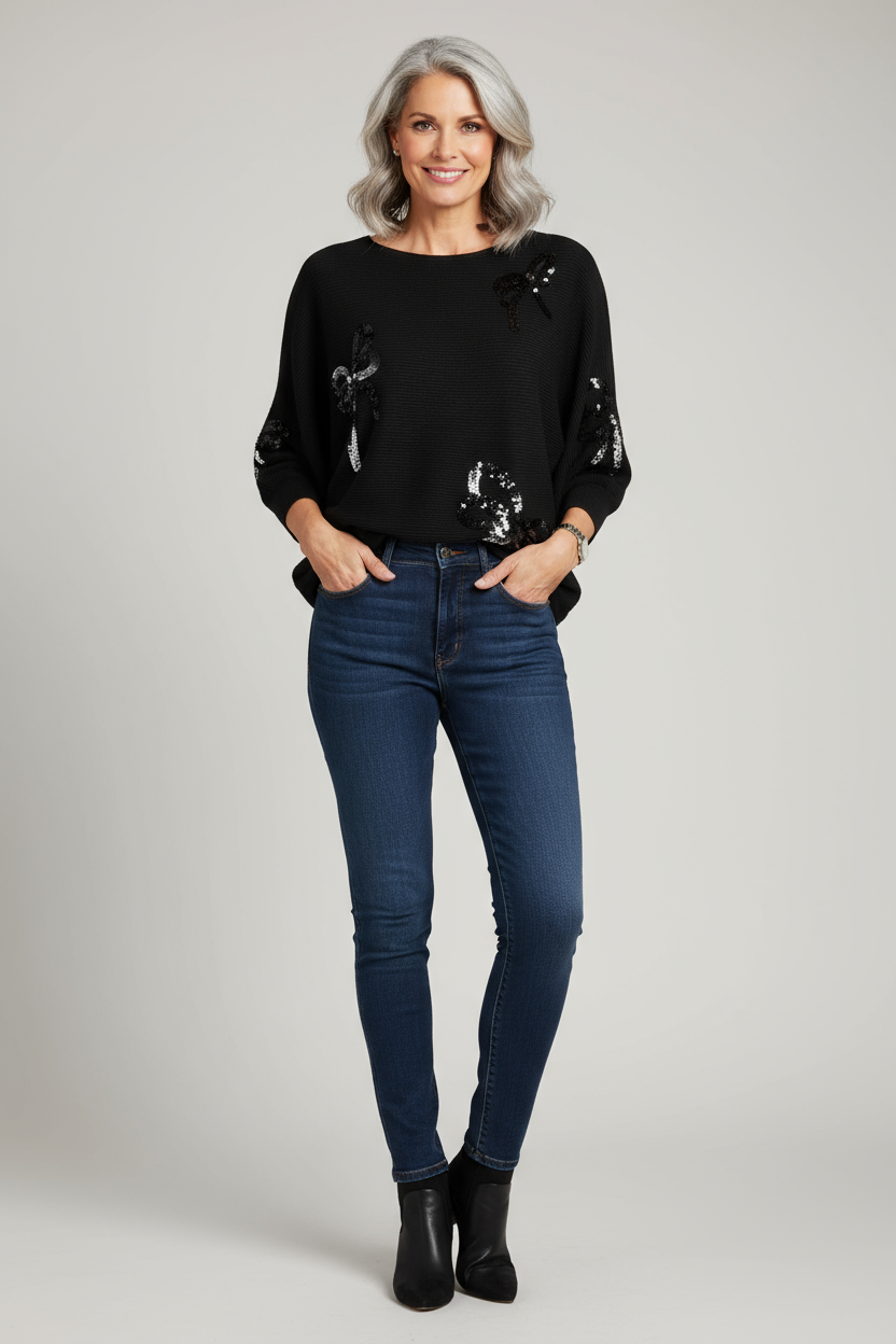 Sequin Bows Ribbed Knit Jumper
