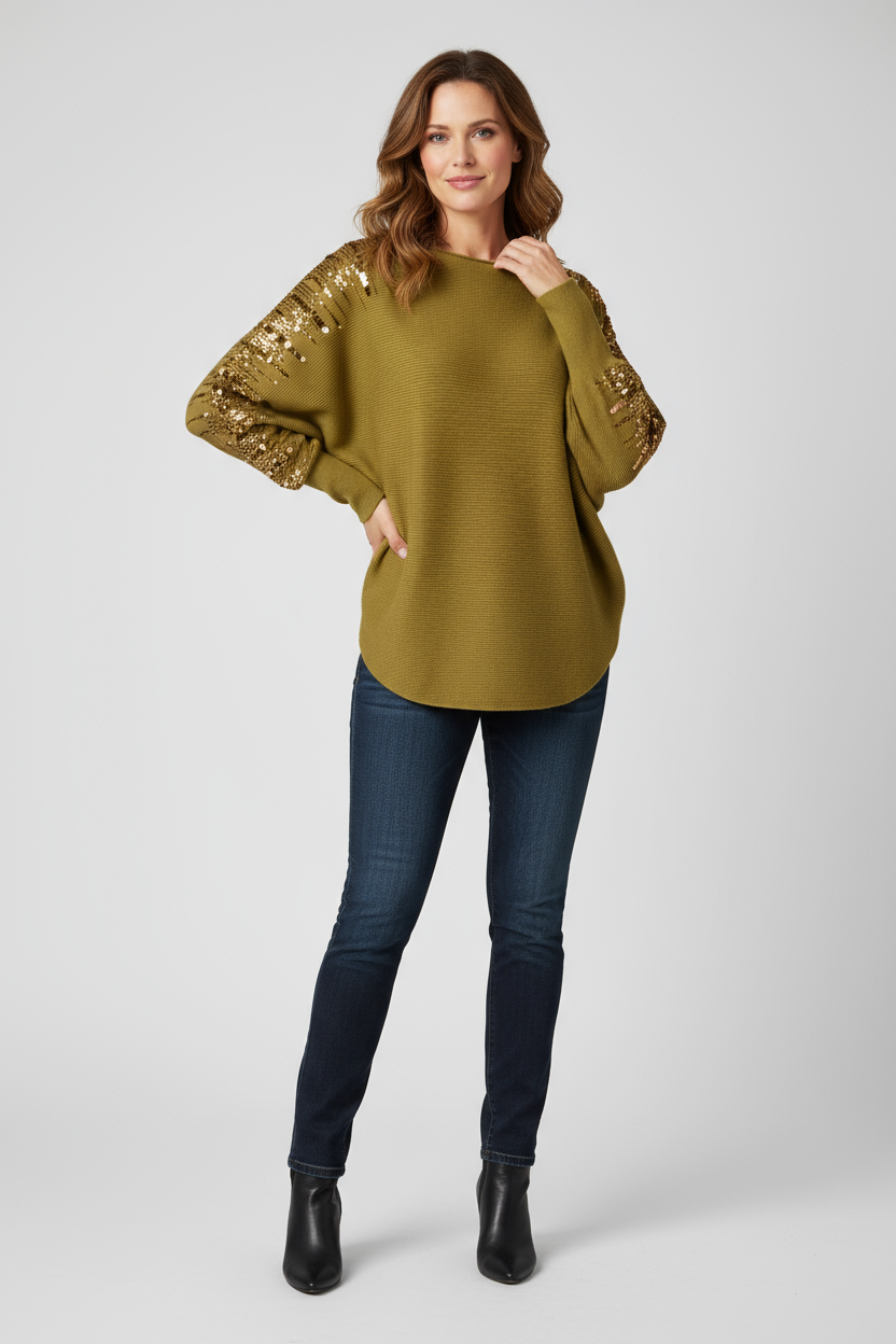 Sequin Sleeve Ribbed Jumper