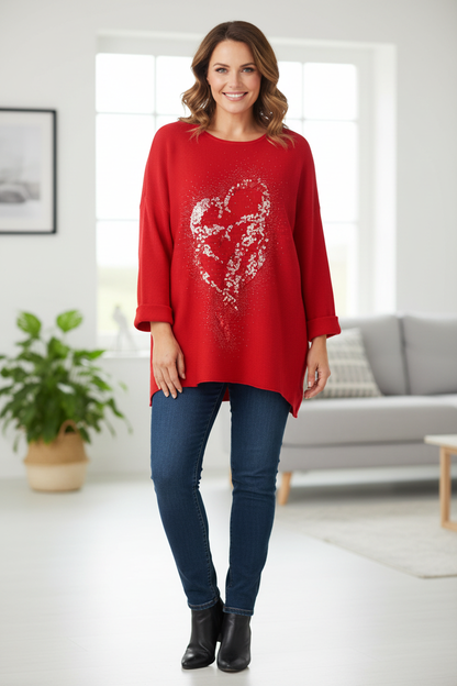 Double Sequin Heart Ribbed Jumper