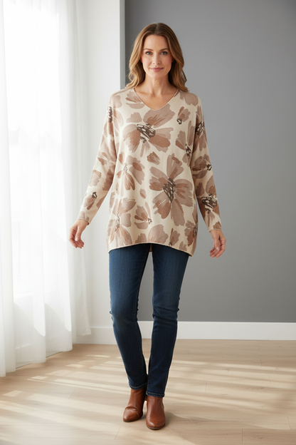 Floral Print Fine Knit Wool Jumper