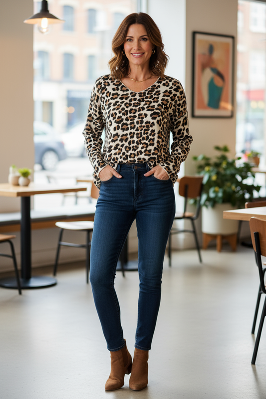 V Neck Leopard Print Fine Knit Jumper