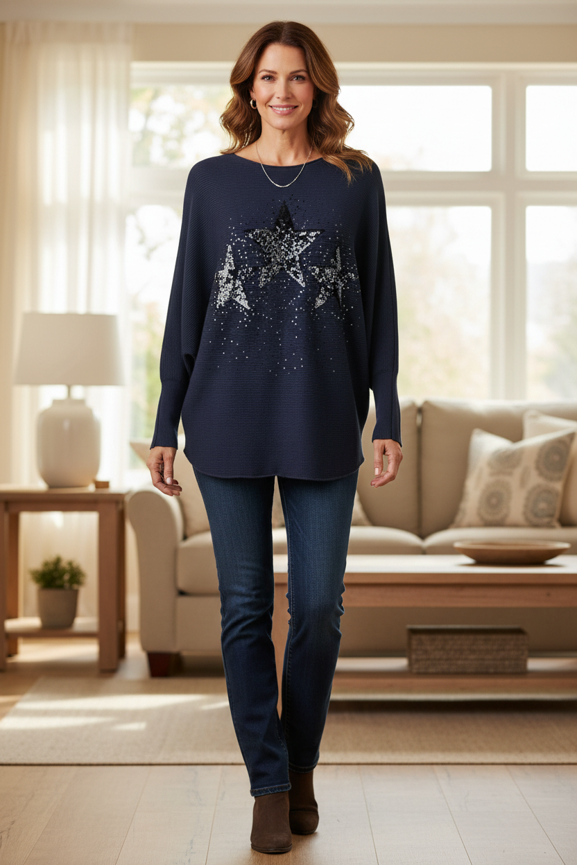 3 Sequin Star Ribbed Jumper
