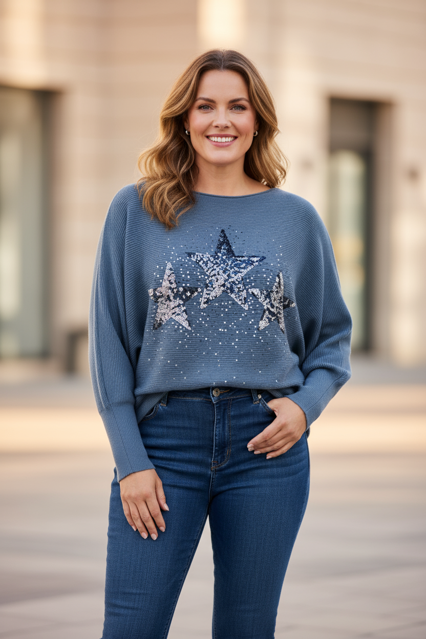 3 Sequin Star Ribbed Jumper