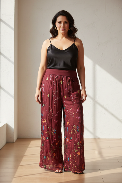 Floral Embroidery Silk Trouser