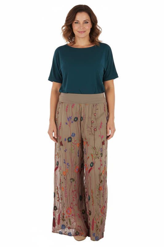Floral Embroidery Silk Trouser