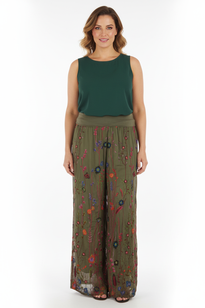 Floral Embroidery Silk Trouser