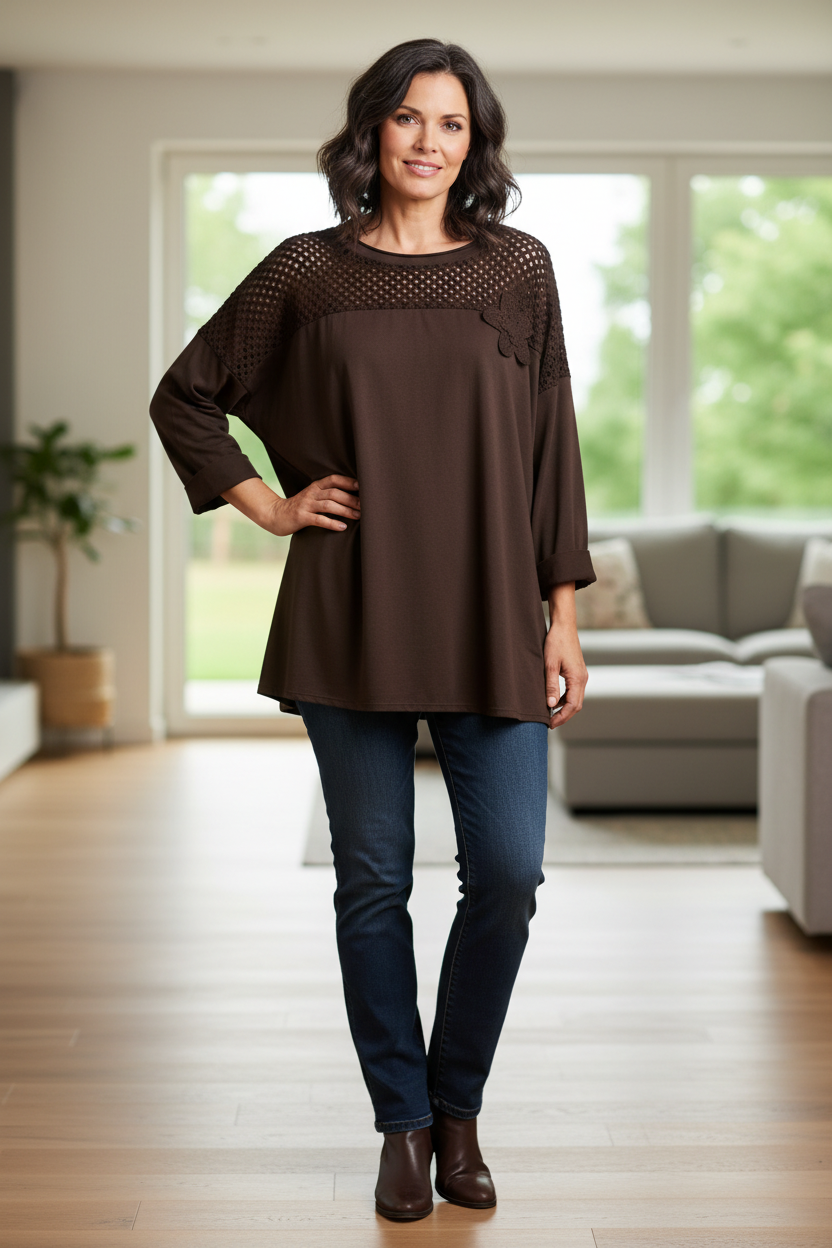 Flower Applique Crochet Jersey Top