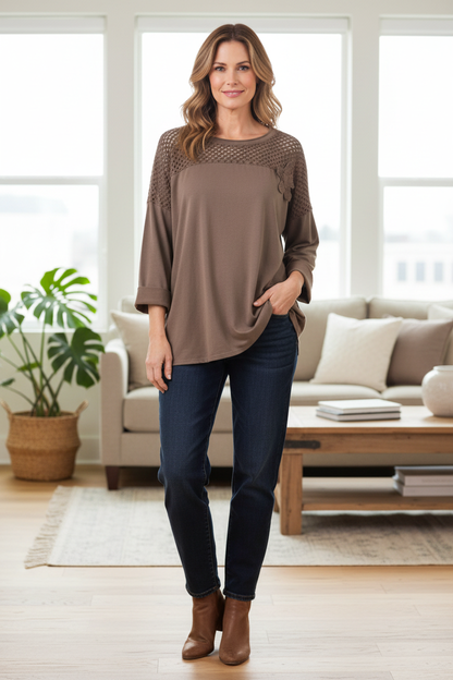 Flower Applique Crochet Jersey Top