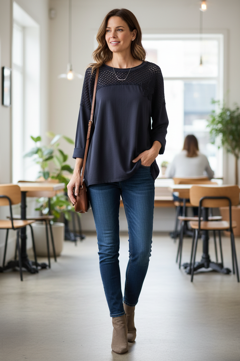 Flower Applique Crochet Jersey Top