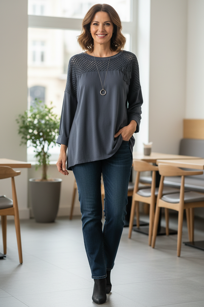 Flower Applique Crochet Jersey Top