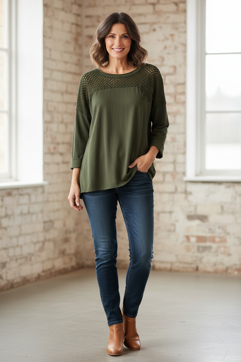 Flower Applique Crochet Jersey Top