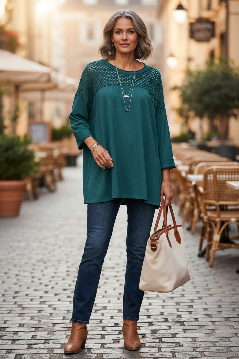 Flower Applique Crochet Jersey Top