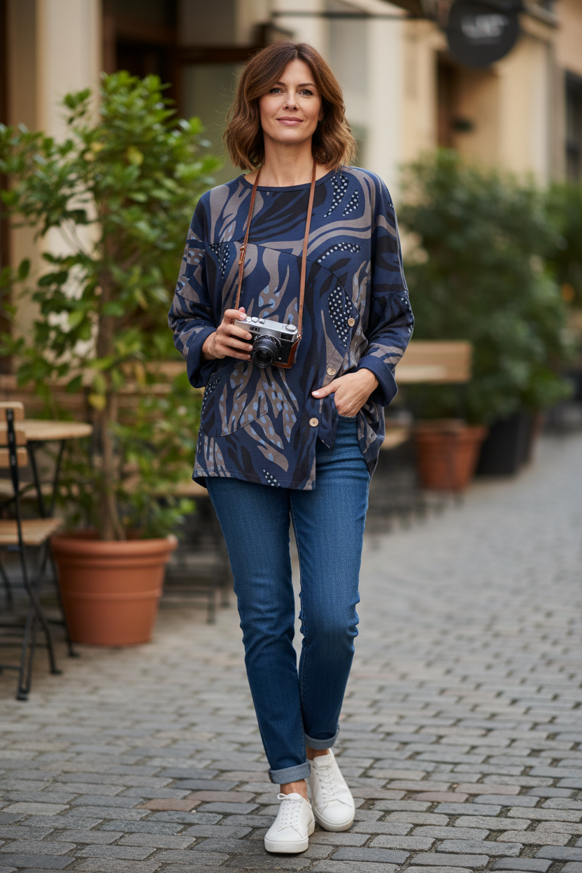 3 Button Printed Top