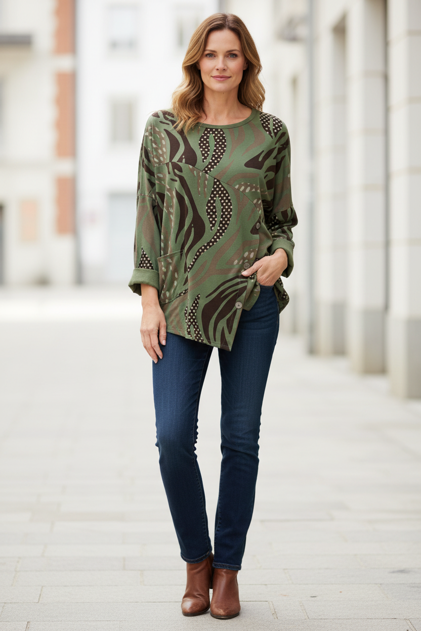 3 Button Printed Top