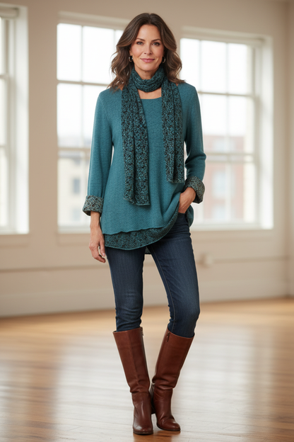 2 Piece Floral Scarf Mohair Knit Blouse