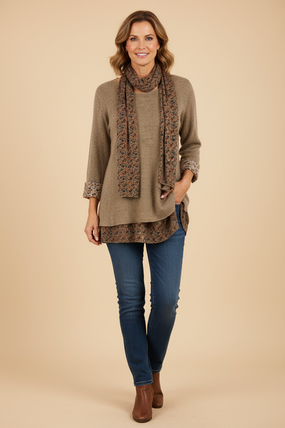 2 Piece Floral Scarf Mohair Knit Blouse