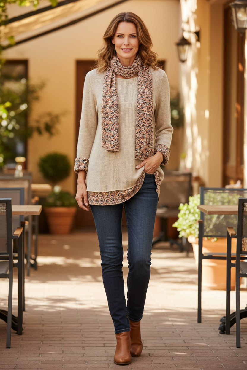 2 Piece Floral Scarf Mohair Knit Blouse