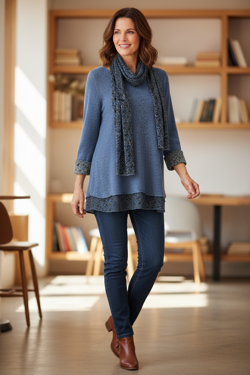 2 Piece Floral Scarf Mohair Knit Blouse