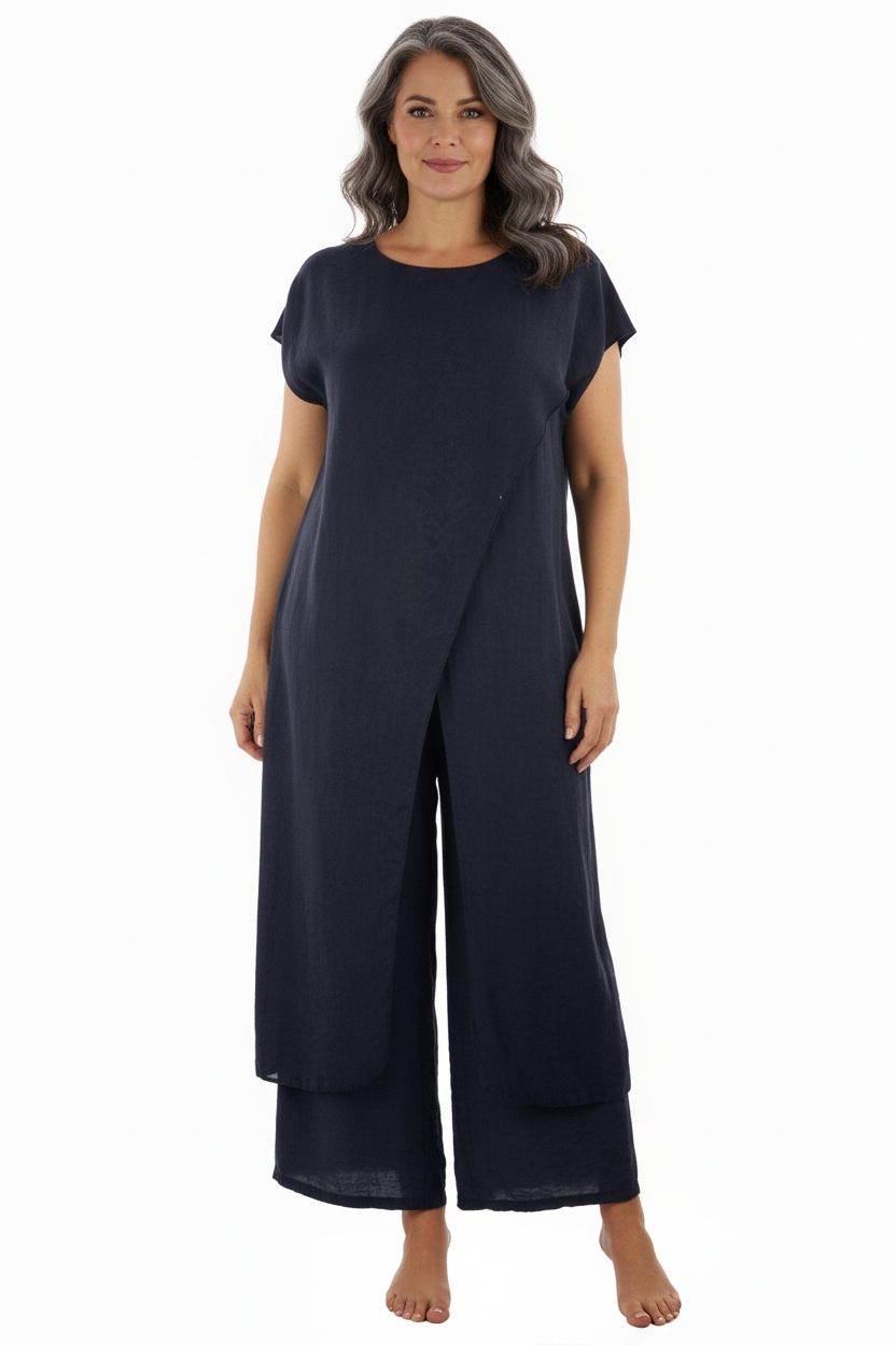 Crossover Tunic Top Wide Leg Trouser Set