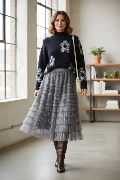 Rara Pleated Tulle Midi Skirt