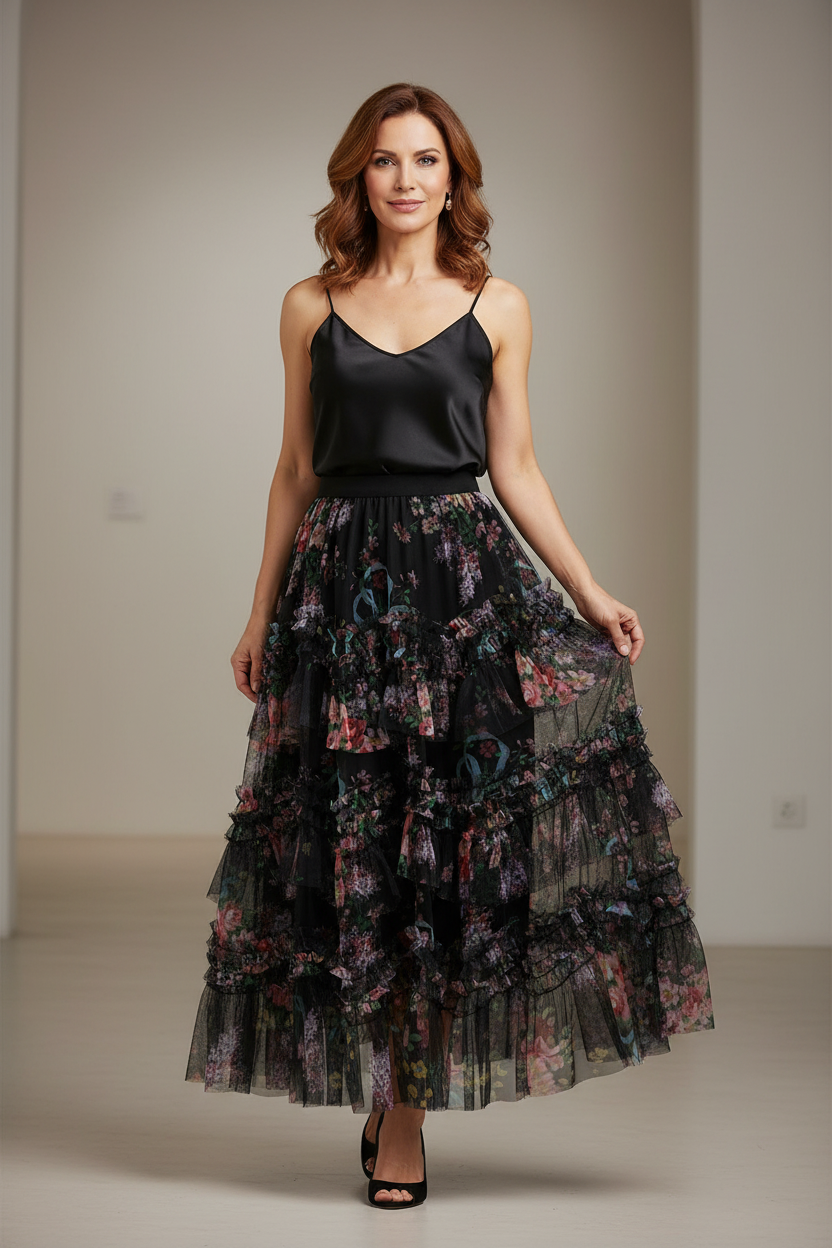 Floral Mesh Tulle Midi Skirt