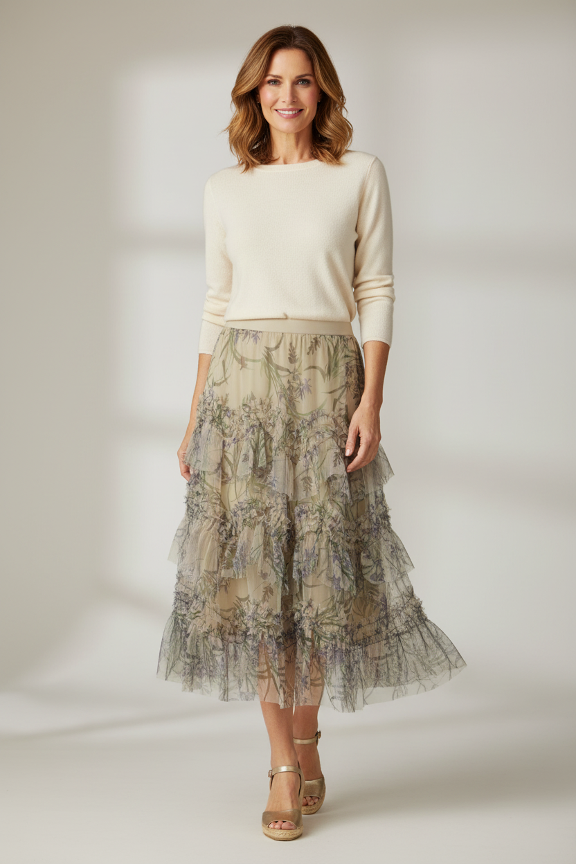 Floral Mesh Tulle Midi Skirt