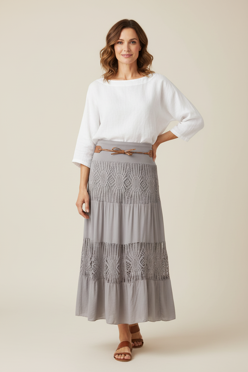 Crochet Tiered Belt Midi Skirt
