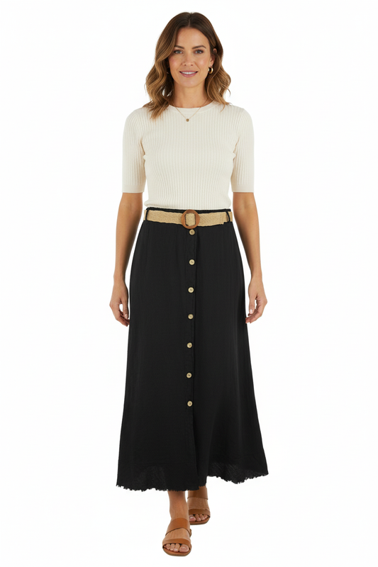 Button Detail Belted Linen Skirt