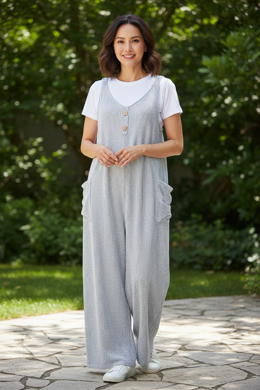 Button Detail Stripe Jumpsuit