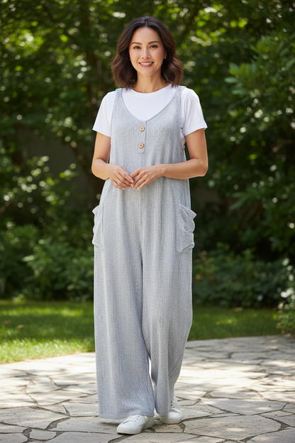 Button Detail Stripe Jumpsuit