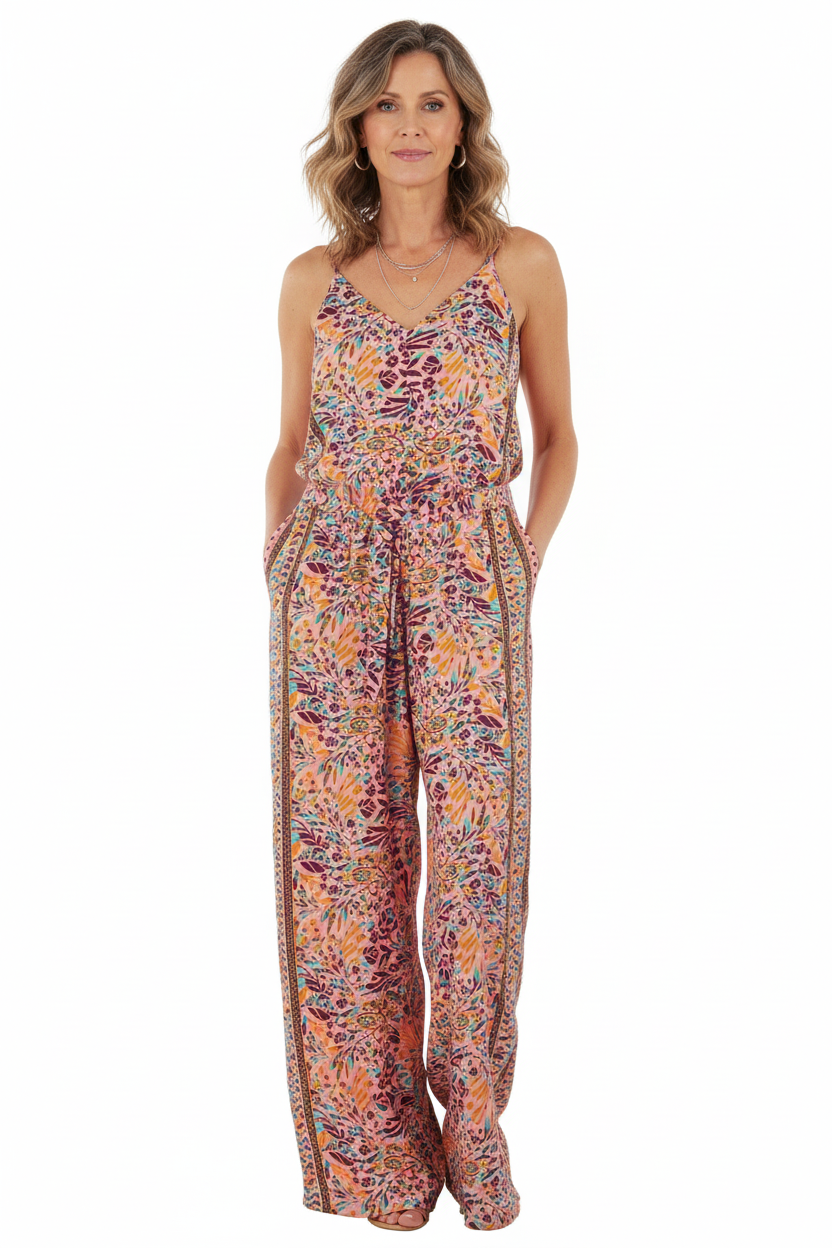 Strappy Paisley Print Silk Jumpsuit