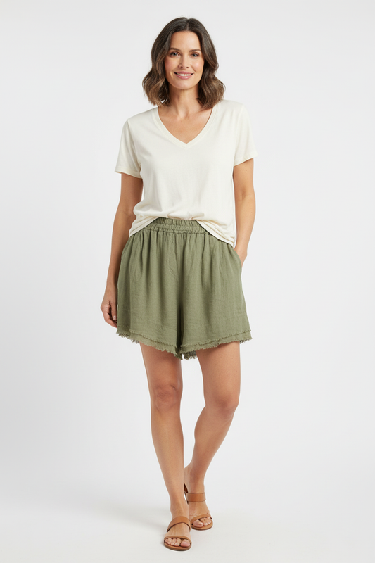 Frayed Trim Linen Shorts