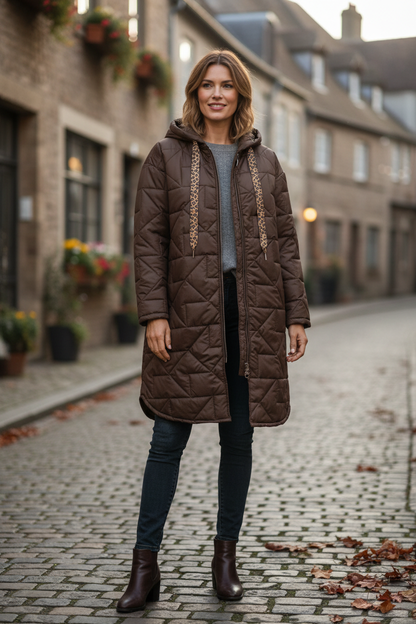 Leopard Print Tie Hooded Quilted Coat