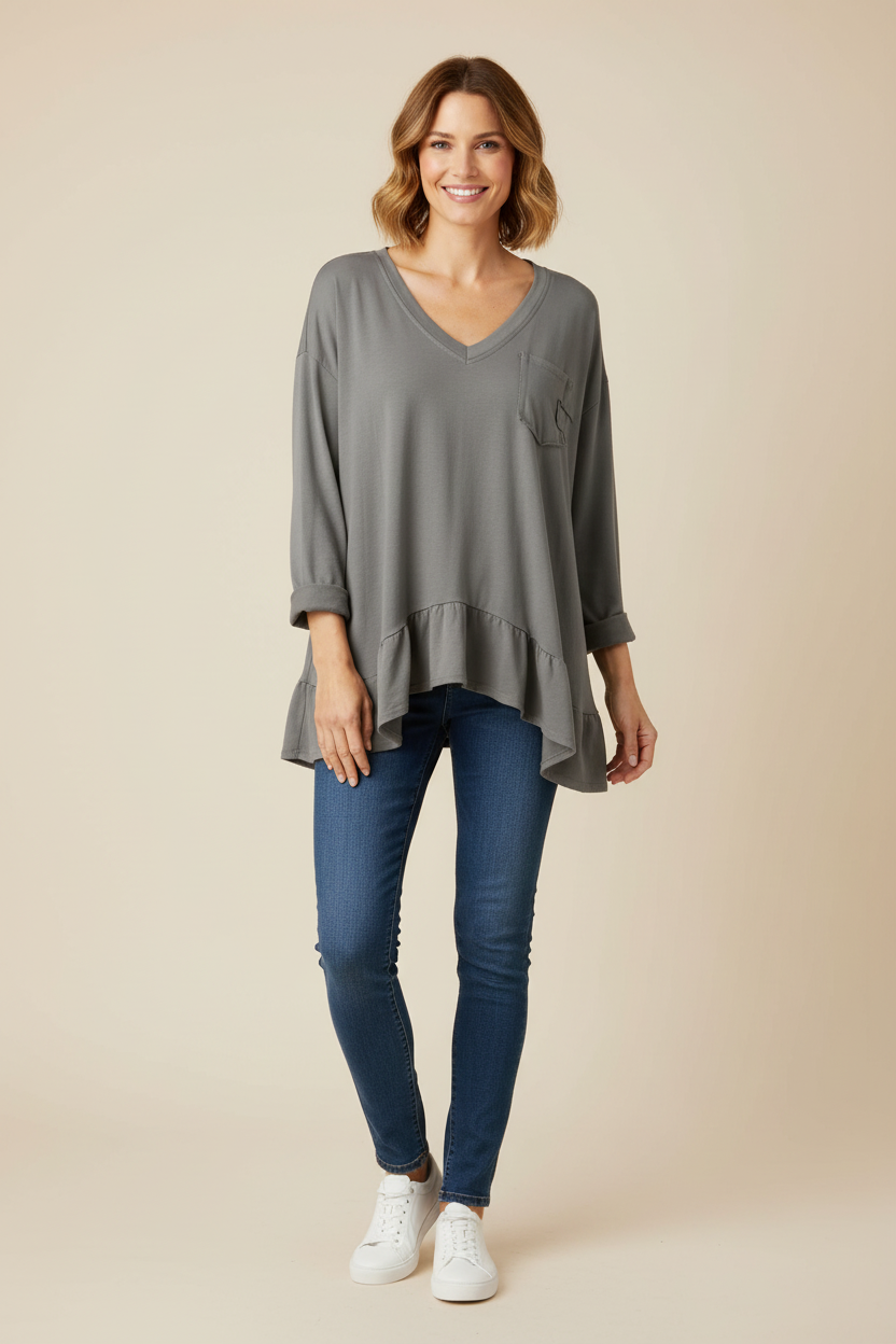 V Neck Frill Hem Jersey Top