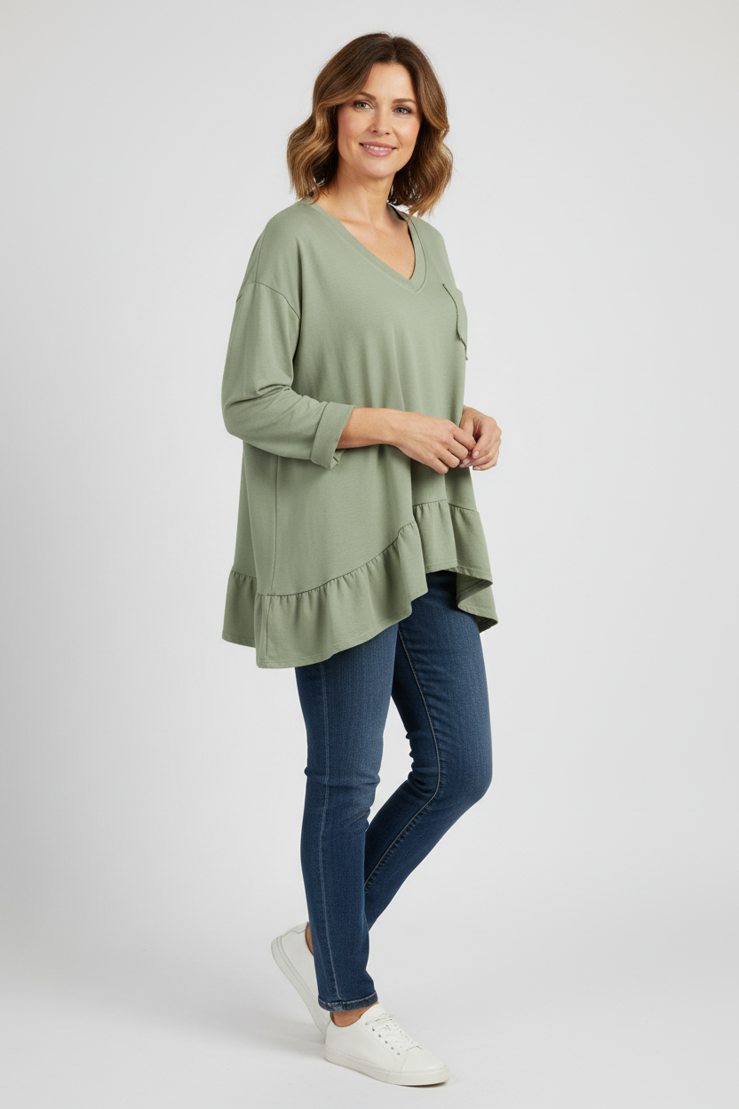 V Neck Frill Hem Jersey Top
