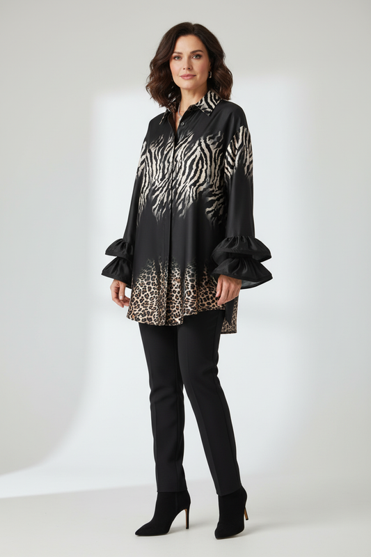 Leopard Zebra Frill Cuff Satin Shirt