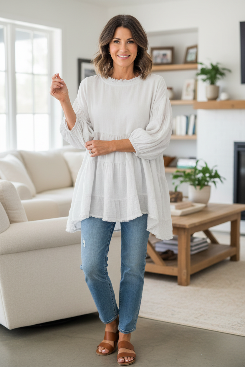 Balloon Sleeve Tiered Top