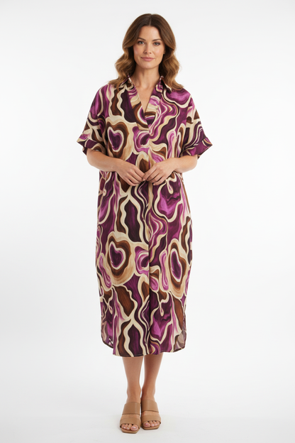 Batwing Collar Abstract Print Midi