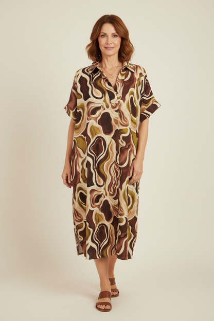 Batwing Collar Abstract Print Midi