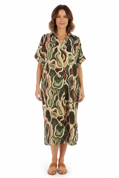 Batwing Collar Abstract Print Midi